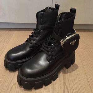 Prada Black Leather Lug Combat Boots with Zip Pouch